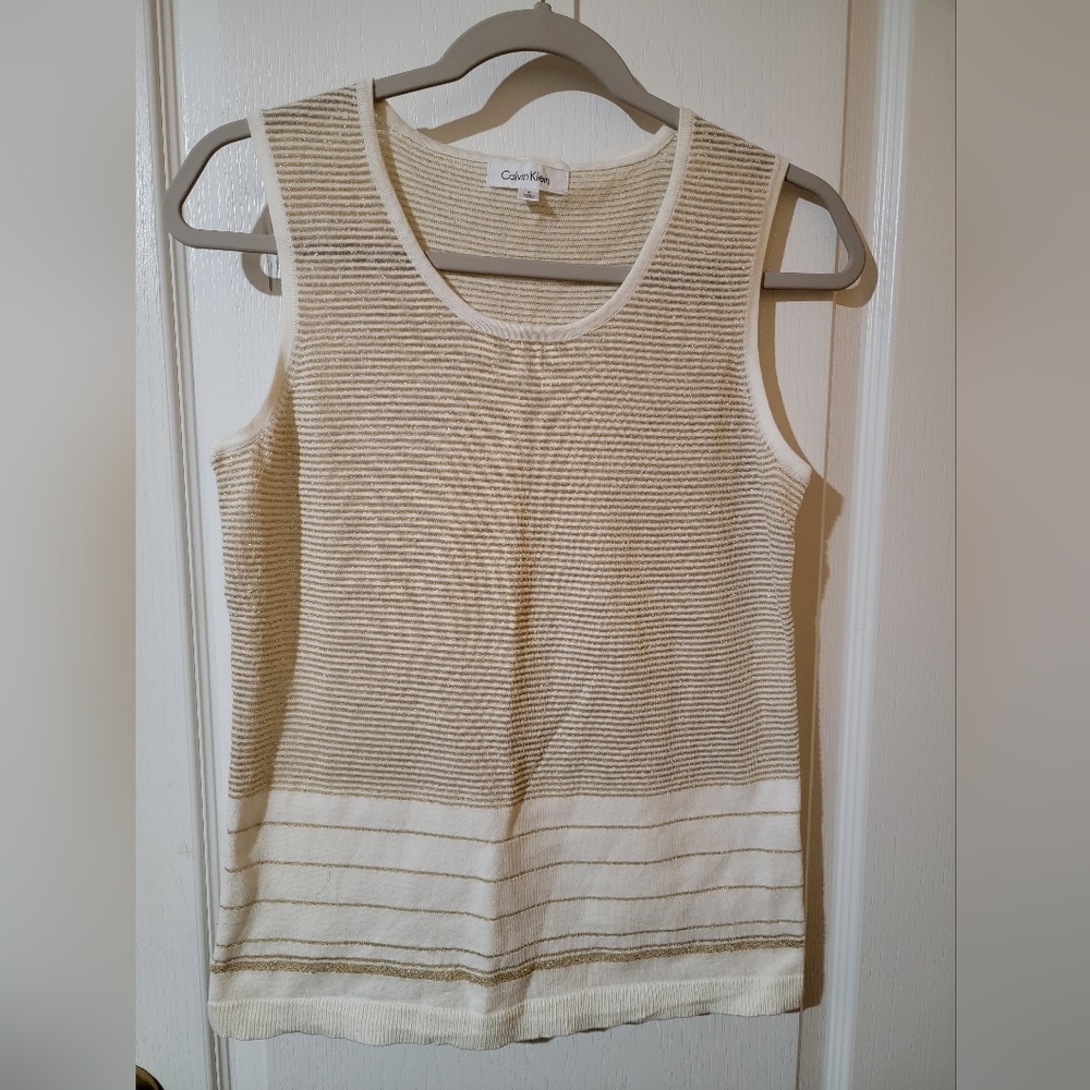 Calvin Klein Sleeveless Knit Top Shell Cream Gold Striped Sz S Classy Business - Picture 1 of 4